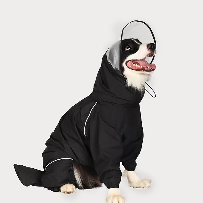 Dog Raincoat for Medium Large Dogs,rain Jacket Coat, Full Leg Coverage Waterproof Rain Suit with Detachable Hood & Tail, Reflective Strips, Snag-Free Top Zipper (Black for Girl, X-Large)
