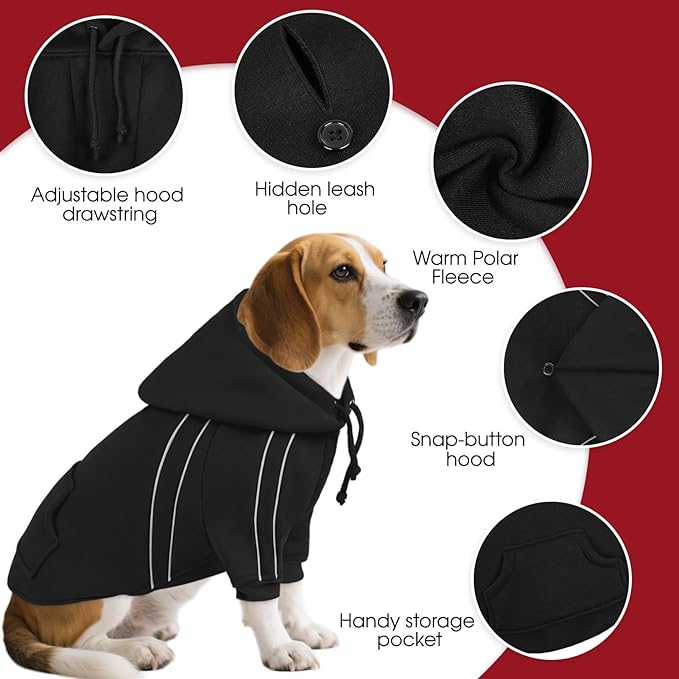 ASENKU Cozy Dog Hoodie，Soft Sweater with Adjustable Hood, Back Pocket and Leash Access Hole，Warm Reflective Sweatshirt for Cold Weather（Black，2XL