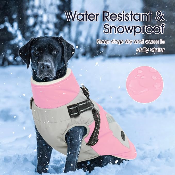 IECOii Large Dog Coat with Harness Built in,Reflective Waterproof Dog Coat for Giant Breeds - Zip Up Fleece Jacket for Dogs,Great Dane Winter Coats Warm Snowsuit for Cold Weather, Pink, 4XL