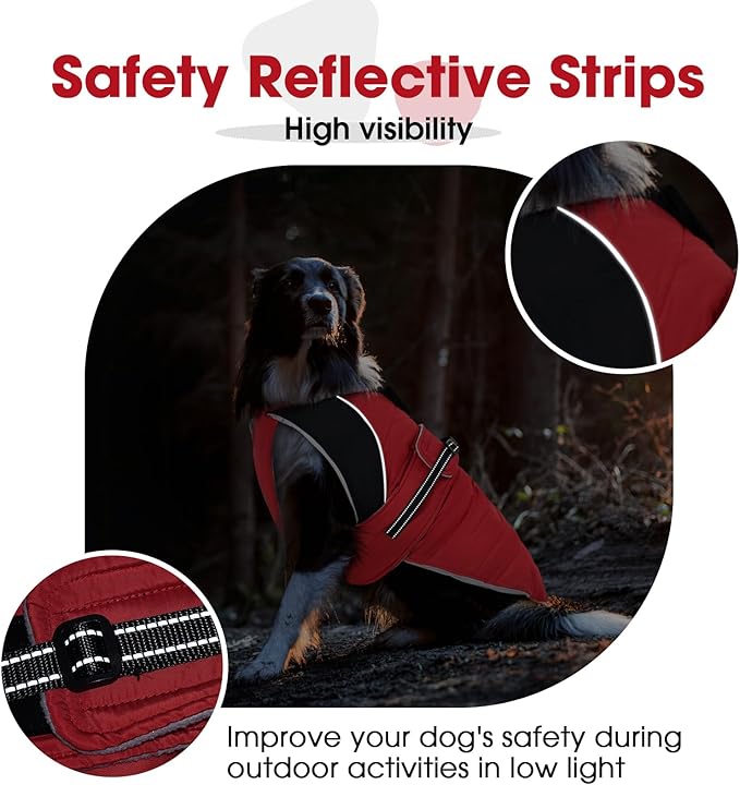 Nanaki Small Dog Coat for Winter Waterproof, Warm Fleece Lining Furry Collar Dog Jacket with Leash Hole, Reflective Adjustable Cold Weather Puppy Pet Snow Jacket Vest Outdoor Walking Hunting, Red M