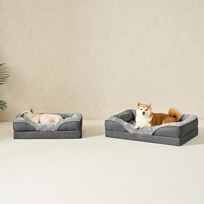 EHEYCIGA Memory Foam Dog Bed for Large Sized, Orthopedic Dog Sofa with Sides and Waterproof Liner, Washable Bolster Pet Bed Couch with Removable Cover, 36x27x7 Inch, Grey