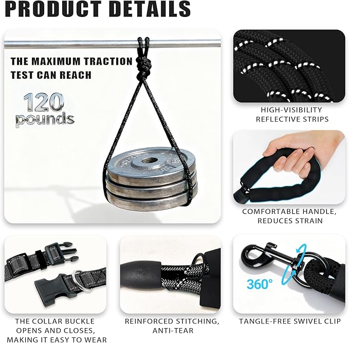 Nylon Dog Leash for Medium Large Dogs, 5-FTReflective Heavy Duty Leash with Comfortable Handle & Poop Bag Dispenser Ring, 1/2 Inch Wide, Secure Reinforcement for Walking (Black, M)