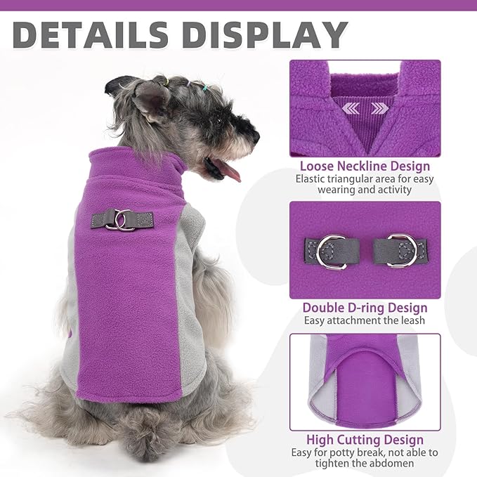 KOOLTAIL Small Dog Sweater - Dog Fleece Vest Jacket with Leash D-Ring for Small Medium Dogs, Soft Pullover Winter Warm Cold Weather Coats, Pet Fall Clothes Outfit for Puppy Cat Boys&Girls, Purple S