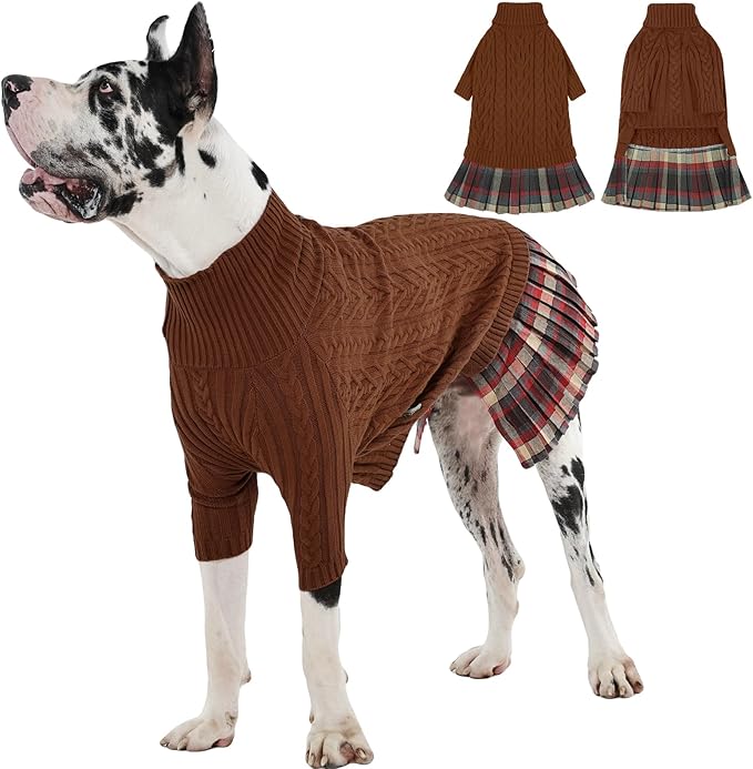IECOii Big Girl Dog Sweater Dress, Cable Knit Sweater for Extra Large Dogs Girl, Caramel,4XL, Cute Dog Warm Dress for Fall Winter,Good Stretcy Fit Knitwear for Giant Breed Dogs Female Indoor & Outdoor
