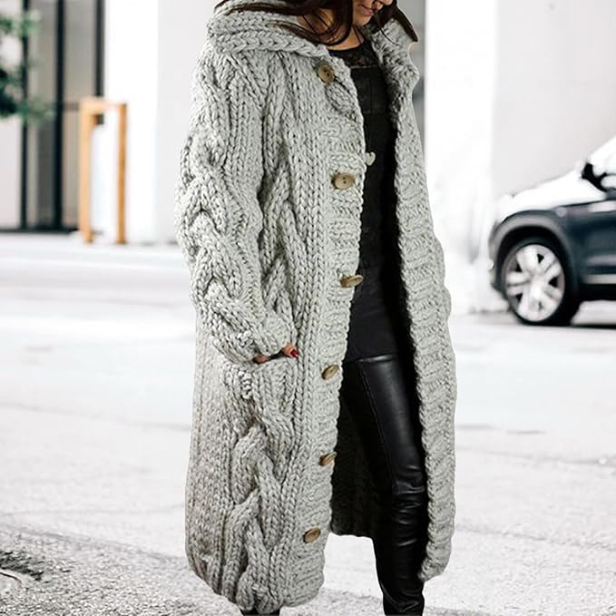 LOAIHA Women Chunky Cable Knit Long Sleeve Cardigan Fall Winter Trendy Oversized Button Down Sweaters Outerwear with Pocket