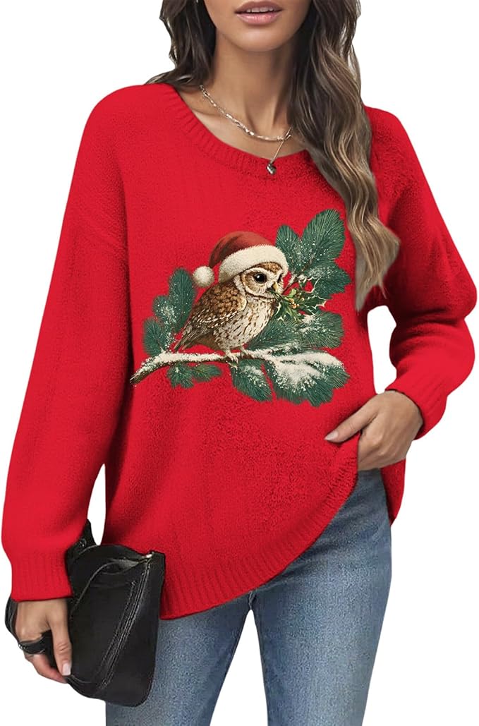 Women's Red Christmas Sweater - Festive Cartoon Patterns, Cozy Knit for Holiday Parties & Gatherings