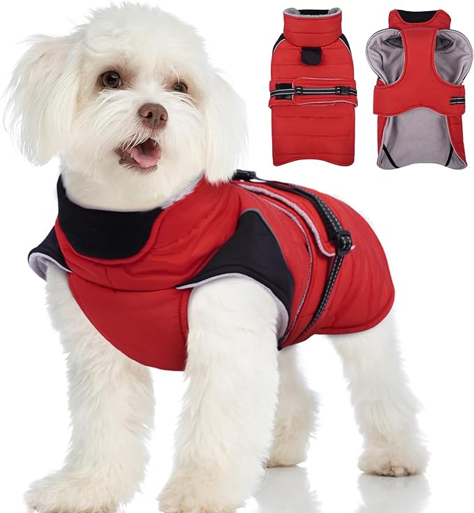MIGOHI Cozy Small Dog Coat - Reflective Dog Coat for Small Dogs,Fleece Winter Coats Jacket for Dogs with Leash Hole,Snowproof Thick Puppy Clothes,Pomeranian,Chihuahua,XS,RedBlack