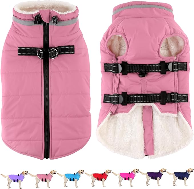 Dogcheer Dog Coat with Harness, Waterproof Dog Jacket Adjustable Winter Coat with Zipper, Christmas Puppy Snow Jacket Fleece Sweater for Small Medium Large Dogs - Light Pink M