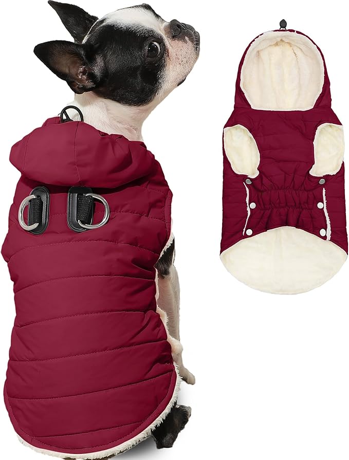 Fleece Lining Dog Hoodie with Harness Built in,Extra Warm Large Dog Jacket in Winter Doggie Coats with Drawstring Hooded,Red XXL
