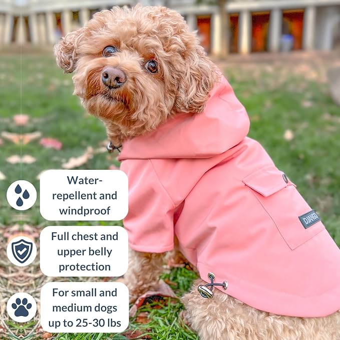 DJANGO Highland Dog Jacket & Raincoat – Water-Repellent, Lined Dog Coat with Hood, Adjustable Fit & Harness Hole – Lightweight Rain & Wind Jacket for Small & Medium Dogs up to 30 lbs (Pink, Medium)