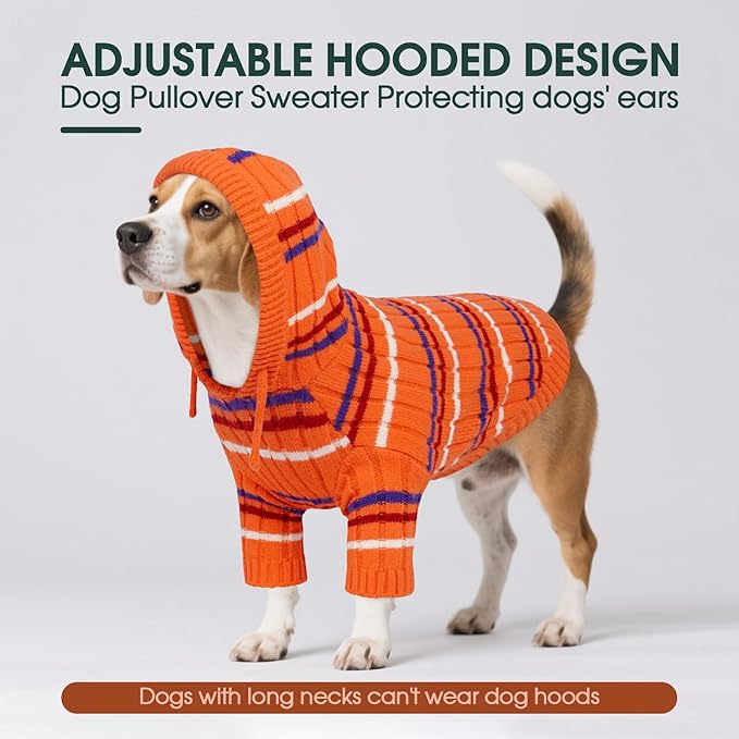 Kuoser Small Dog Sweater, Dog Sweaters for Small Dogs Male, Girl Boy Dogs Christmas Sweater, Hooded Striped Pet Puppy Pullover Sweatshirt Outfits for Chihuahua, Dachshund, Pug, Yorkie, Orange S