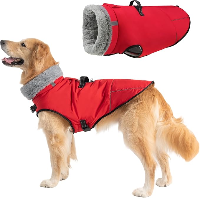 Mihachi Dog Coat for Large Dogs, Warm Dog Winter Coat Waterproof Dogs Jacket with Harness Built in Reflective Pet Fleece Vest, Puppy Cold Weather Coats Turtleneck & Windproof Pet Snowsuit, Red L