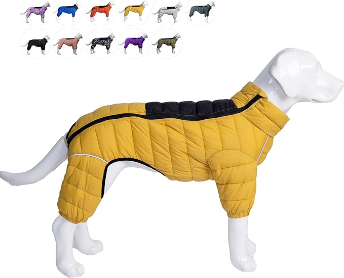 Lovelonglong Dog Coat Dog Warm Jacket, 4 Legs Covered Waterproof Windproof Reflective Warm Dog Vest, Zippered Adjustable Outdoor Dog Snow Jacket for Small Medium Large Dogs Yellow XL