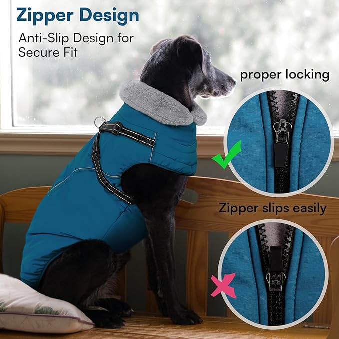 Queenmore Dog Jackets for Large Dogs, Dog Coat with Harness Built in,Waterproof Dogs Coats with Zipper On Back,Warm Fleece Lining Cold Weather Pet Coats with Furry Collar for Labrador,Blue,XL