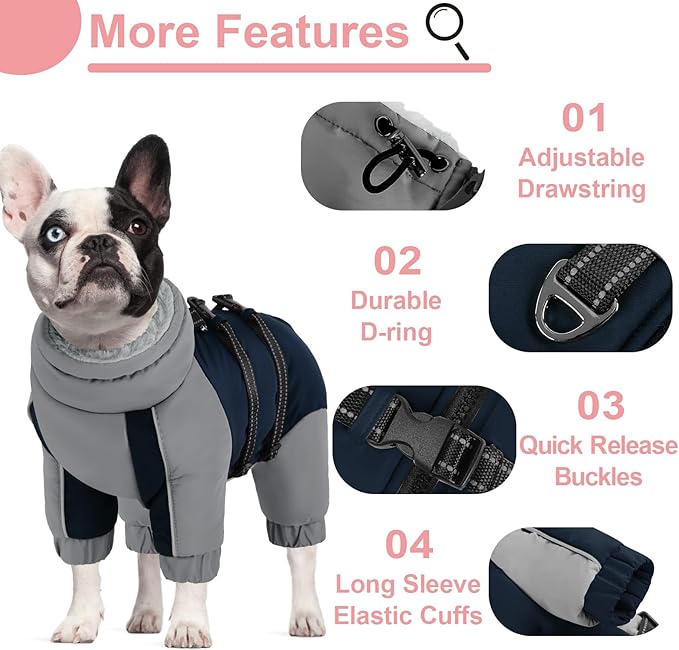 KOESON Four Legged Winter Dog Jacket with Adjustable Buckles, Turtleneck Windproof Fleece Jacket, Reflective Fullbody Puffer Coat Blue Grey M