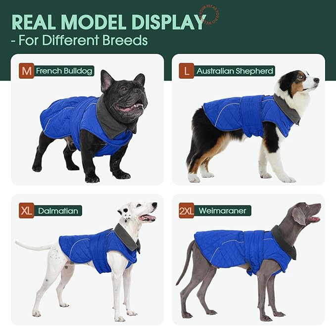 Kuoser Dog Coat, Super-Warm Dog Jacket Windproof Dogs Cold Weather Coats for Extra Large Dogs, Fleece Lining Turtleneck Puppy Snowsuit Reflective Adjustable Pet Winter Clothes Christmas, Blue 3XL