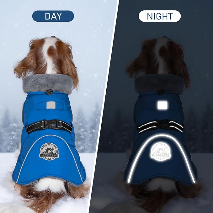 KYEESE Waterproof Dog Coat, Windproof Pet Jacket with Thick Fleece Lining, Extra Warm High Collar Dog Coats for Medium to Large Dogs with Leash Hole and Reflective Strips, Blue, XX-Large