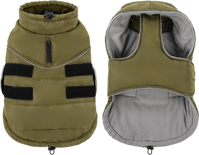 Peferhouse Dog Warm Winter Coat - Dog Cold Weather Reflective Jacket with Harness Hole Thick Vest ArmyGreen M