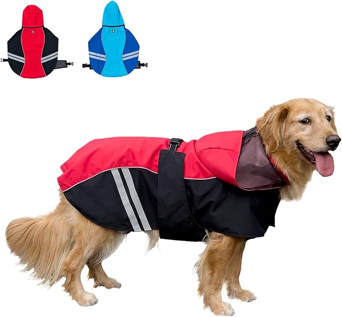 Dog Raincoat for Medium Large Extra Large Dogs, Waterproof Rain Jacket with Reflective Strap, Lightweight Hoodies Full-Body Coverage Dry Clothes (L, Red)