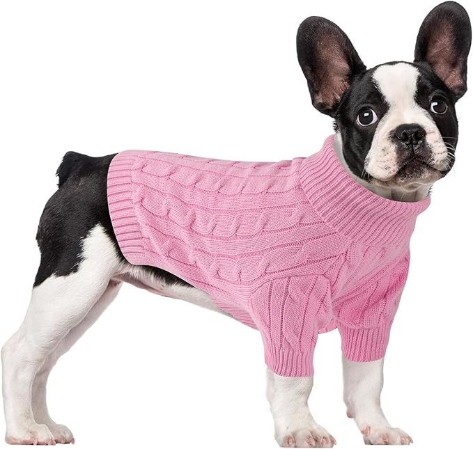 Small Dog Thermal Pullover Sweater, Classic Turtleneck Cable Knitwear Dog Clothes for Cold Weather Warm Pet Clothes for Chihuahua, Bulldog, Dachshund, Pug Pink Medium