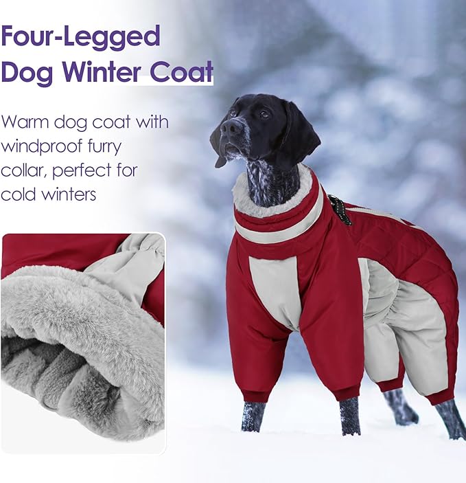 SUNFURA Full Body Dog Coat - Warm Fleece Jacket for Extra Large Dogs, Turtleneck Winter Coats with Harness, Reflective Dog Snowsuit Windproof Puffer Jackets with Legs for Great Dane, Burgundy 3XL