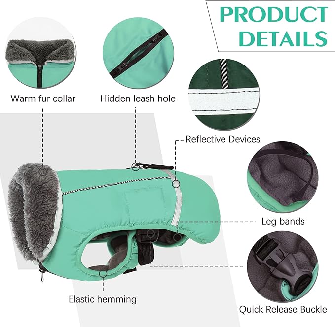 QBLEEV Warm Dog Coat - Waterproof Reflective Jacket, Thick Fleece Dog Snowsuit Christmas Vest for Cold Weather, Small to Large Dogs