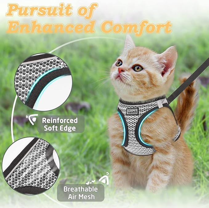 Cat Harness and Leash for Walking Escape Proof, Adjustable Kitten Vest Harness Reflective Soft Mesh Puppy Harness for Outdoor, Comfort Fit, Easy to Control (Gray, XS)