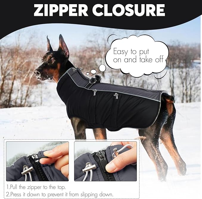 IDOMIK Warm Dog Coat with Harness, Waterproof Reflective Dog Jackets for Small Medium Large Dogs, Fleece High Collar Winter Jacket with Zipper, Pet Winter Snowsuit Clothes for Cold Weather,Black XL