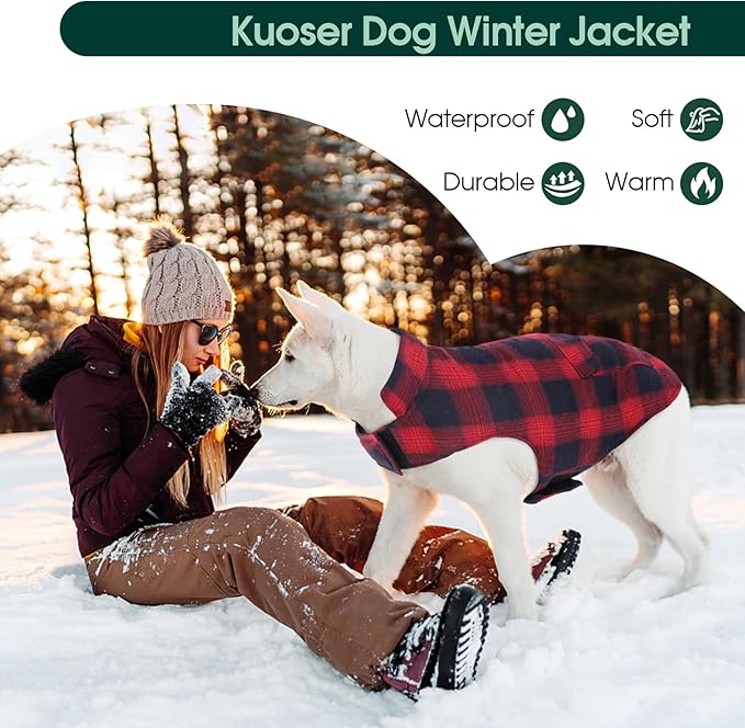 Kuoser Reversible Dog Jacket, Warm Winter Coat for Medium & Large Dogs, Warm Windproof Pet Cold Weather Clothes, Red XL
