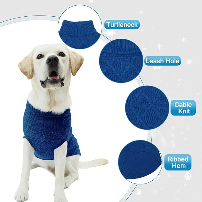Mihachi Turtleneck Dog Sweater - Winter Coat Apparel Classic Cable Knit Clothes with Leash Hole for Cold Weather, Ideal Gift for Pet in New Year Royal Blue Medium