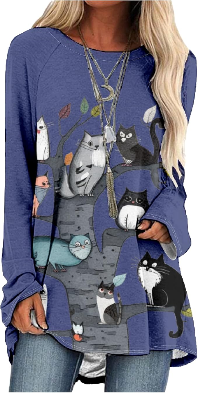 Womens Tunic Shirt Cute Cat Print Long Sleeve Round Neck Women T Shirts Cotton Casual Plus Size Vacation Tunics Tops