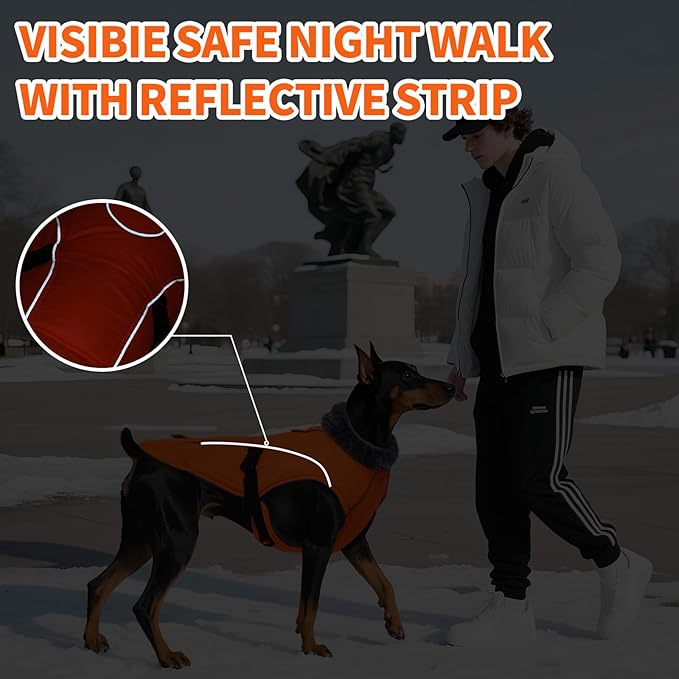 DENTRUN Large Dog Coat - Thick Fleece Lined Reflective Winter Jacket, Snap Closure & Leash Hole, Warm Thick Fleece Lined, Plush Turtleneck Vest for German Shepherd, Orange, XXL