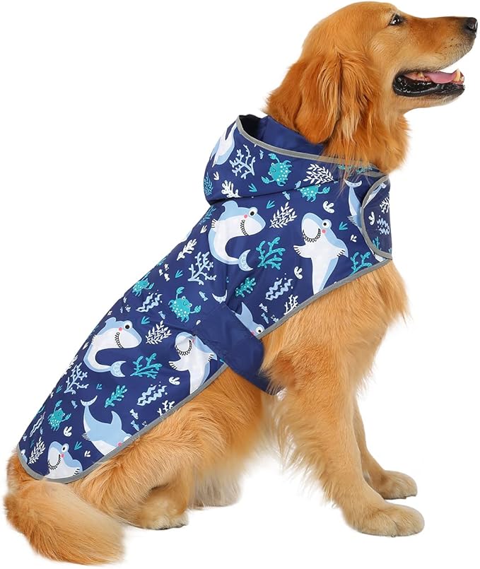 HDE Reversible Dog Raincoat Hooded Slicker Poncho Rain Coat Jacket for Small Medium Large Dogs Sharks - L
