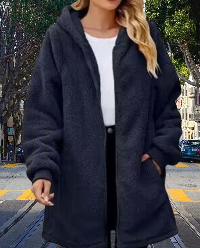 LIZALIG Women's Oversized Fleece Jacket Hooded Zip-Up Cardigan Coat with Pockets Warm Winter Casual Wear for Vacation