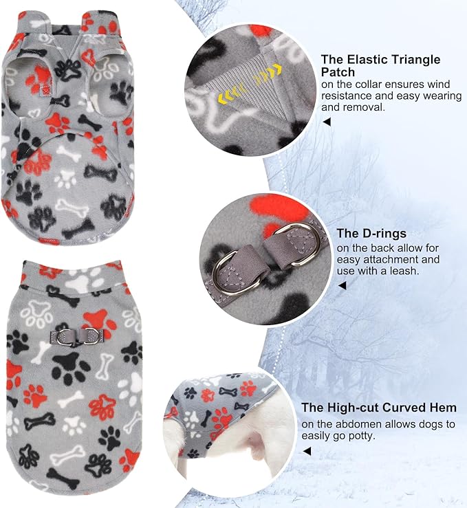 BEAUTYZOO Small Dog Sweater Fleece Vest Winter Jacket, D-Ring Leash Attachment for XS S Puppy Medium Sized Breeds Dogs, Cold Weather Dog Clothes Windproof Keep Warm, Grey Bones Paw XL