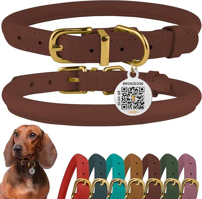 BronzeDog Rolled Leather Dog Collar with QR ID Tag, Adjustable Soft Round Collars for Small Medium Large Dogs Puppy (19" - 21" Neck Size, Cognac Brown)