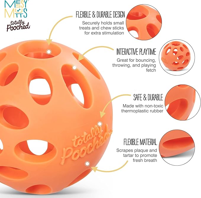 Messy Mutts Totally Pooched Huff'n Puff Ball | 3.1” TPR Puzzle Ball for Dogs | 2-in-1 Durable Interactive Toy and Tooth Cleaner | Orange