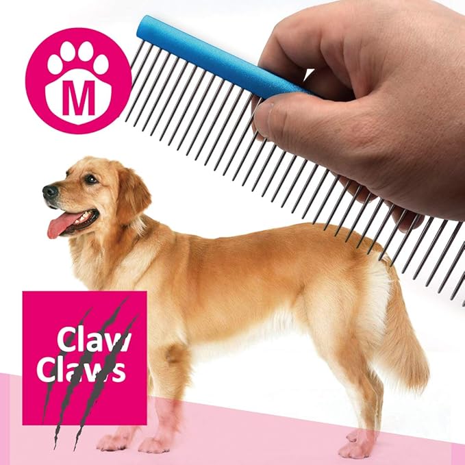 Greyhound Comb with Oval Handle for Dogs and Cats, Removing and Shedding Matted, Tangled Hair, Metal Comb with Stainless Steel Pins, Detangling Grooming Tool (9.8" Blue-20% fine pins)