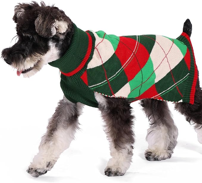 KOOLTAIL Dog Christmas Sweater Pet Knitted Clothes - Classic Plaid Pull Over Turtleneck Dog Sweaters with Leash Hole Warm Dogs Winter Clothing for Small Medium Dogs Cats Puppy Boy Girl Red & Green M