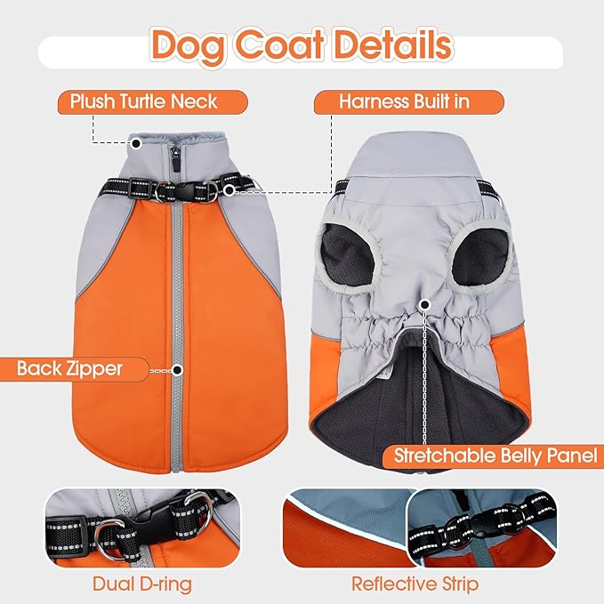 DENTRUN Dog Coat with Harness Built in, Extra Large Water-Repellent Dog Jacket, Turtleneck Windproof Reflective Strips for Great Dane, Orange, XXXL