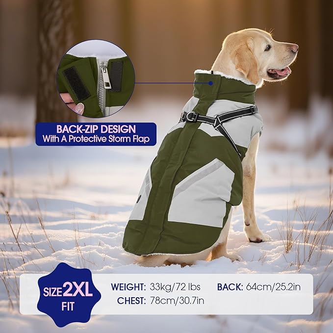 FUAMEY Dog Winter Jackets for Medium Dogs,Dog Coat with Harness Built in,Waterproof Dogs Snowsuits Warm Pet Jacket Zip Up Fleece Cold Weather Coats Reflective Puppy Vest with Pocket Green M