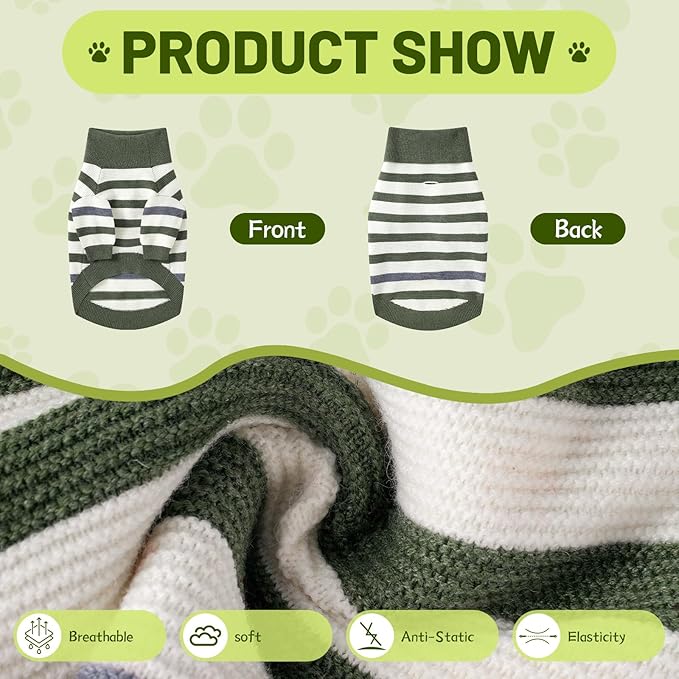 Small Dog Sweater, Knitted Striped Pullover Dog Clothes for Cold Weather, Thick Warm Cozy Stretchy Sweater for Chihuahua, Bulldog, Dachshund, Pug(Green & White Strip, XL)