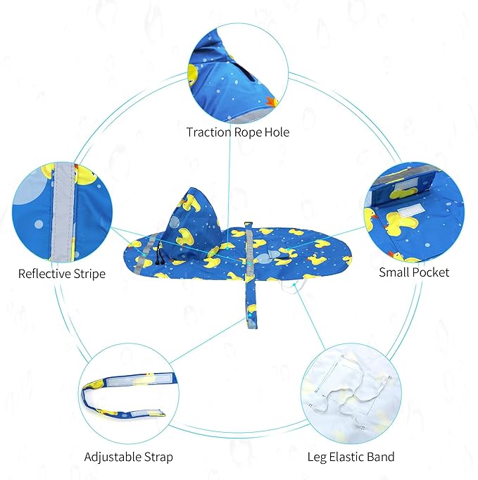 NACOCO Large Dog Raincoat Adjustable-Pet Rubber Ducks Yellow Water Proof Clothes Lightweight Rain Jacket Poncho Hoodies with Strip Reflective Blue (Blue XXXL, Yellow Duck)