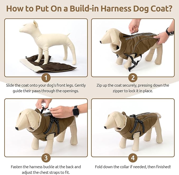 Dog Winter Coat with Harness Built in Warm Puffer Dog Jackets for Small Medium Large Dogs Windproof Waterproof Outfit with Plush Lining and Reflective Stripes (Brown, 2XL)