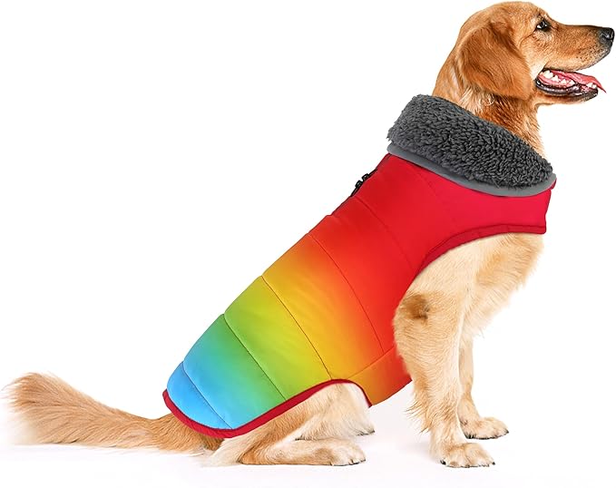 Dog Winter Coat, Waterproof Dog Jacket with Leash Hole, Reflective Adjustable Pet Snow Vest, Warm Fleece Sweater for Small Medium Large Dogs - Rainbow, M