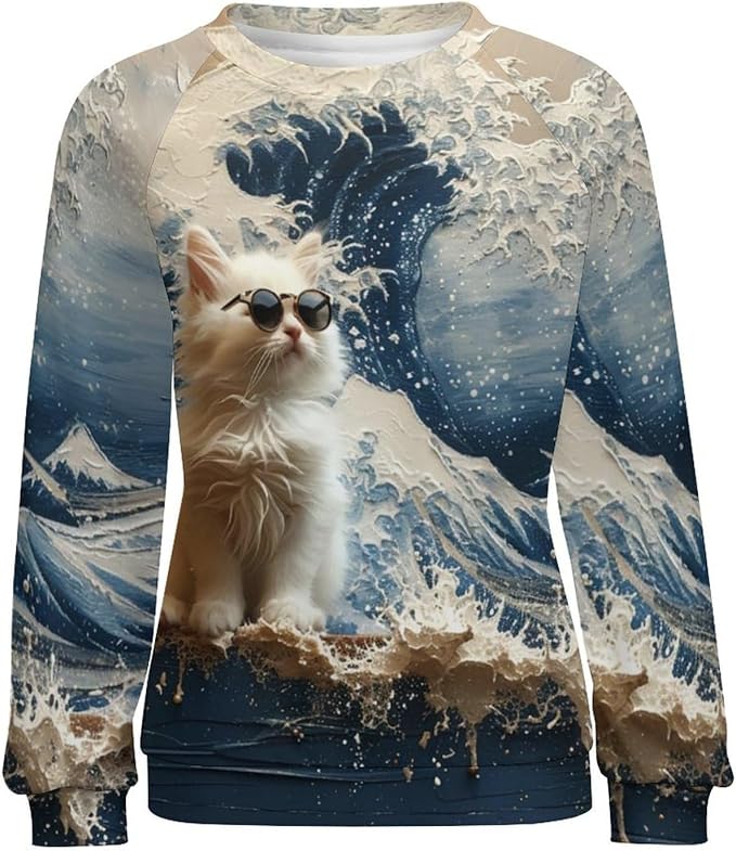 Long Sleeve Shirts for Women Cat Oil Painting Shirt 3D Graphic Sweatshirts Fall Pullover Crewneck Vintage Boho Tops