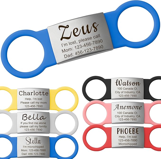 Anavia Slide On Silent Pet ID Tags, S/M/L/XL Personalized Multi-Color Silicone Band Cat Dog Name Tags, Customized Engraved Stainless Steel, Chew-Proof Quiet Dog Collar Tags (Large, Blue)