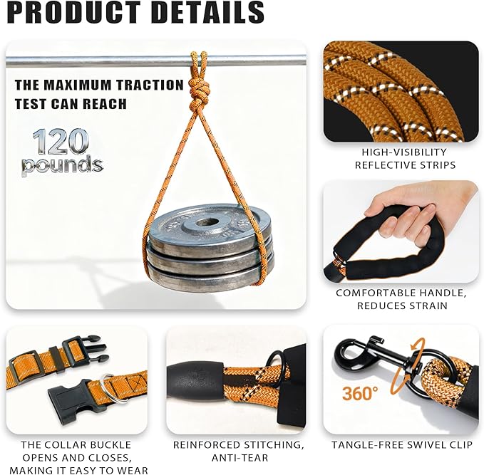 Nylon Dog Leash for Medium Large Dogs, 5-FTReflective Heavy Duty Leash with Comfortable Handle & Poop Bag Dispenser Ring, 1/2 Inch Wide, Secure Reinforcement for Walking (Orange, L)