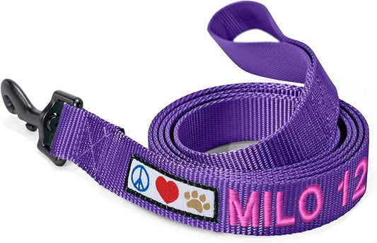 Pawtitas Personalized Dog Leash Embroidered Customize with Your Pet Name & Phone Number Puppy 6 ft Long Medium Large Purple Custom Engraved, Customized M/L (Pack of 1)