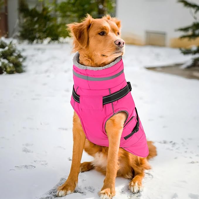 PETDSH Dog Coat Large, Built-in Harness Dog Jacket with Warm Fleece Lining, Waterproof Reflective Dogs Winter Coat, Pet Coats with Pocket and Trash Bags (Pink, X-Large)